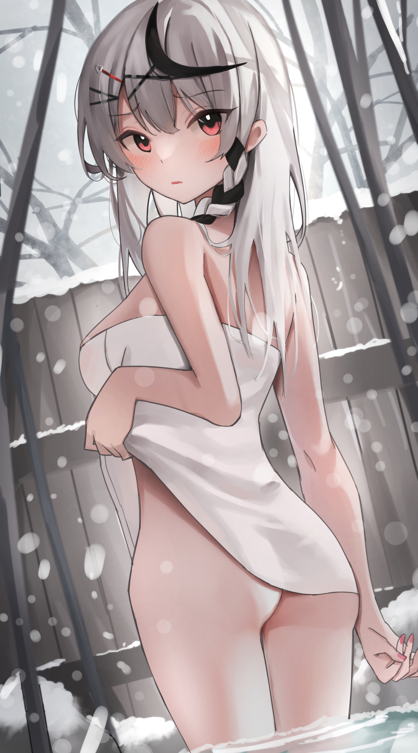 1girl absurdres ass bare_shoulders black_hair blush braid clothes_lift from_behind grey_hair hair_ornament highres hololive long_hair looking_at_viewer looking_back multicolored_hair naked_towel parted_lips red_eyes red_nails sakamata_chloe scarlet_(wv0102) snowing solo streaked_hair towel towel_lift virtual_youtuber wading white_towel x_hair_ornament