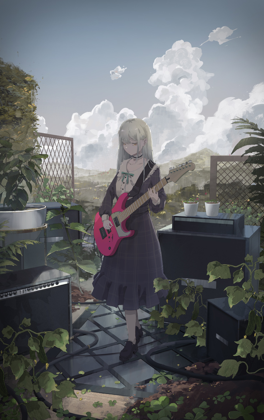 1girl absurdres bang_dream! bang_dream!_it's_mygo!!!!! black_choker black_footwear breasts buttons cable choker closed_mouth cloud collarbone commentary_request dirt dress electric_guitar fence frilled_choker frills grey_hair grey_sky guitar hair_ornament highres hill instrument landscape long_hair long_sleeves looking_down music orange_eyes outdoors plaid plaid_dress plant playing_instrument potted_plant purple_dress rotarran scenery shoes sky sleeve_cuffs small_breasts solo standing wakaba_mutsumi