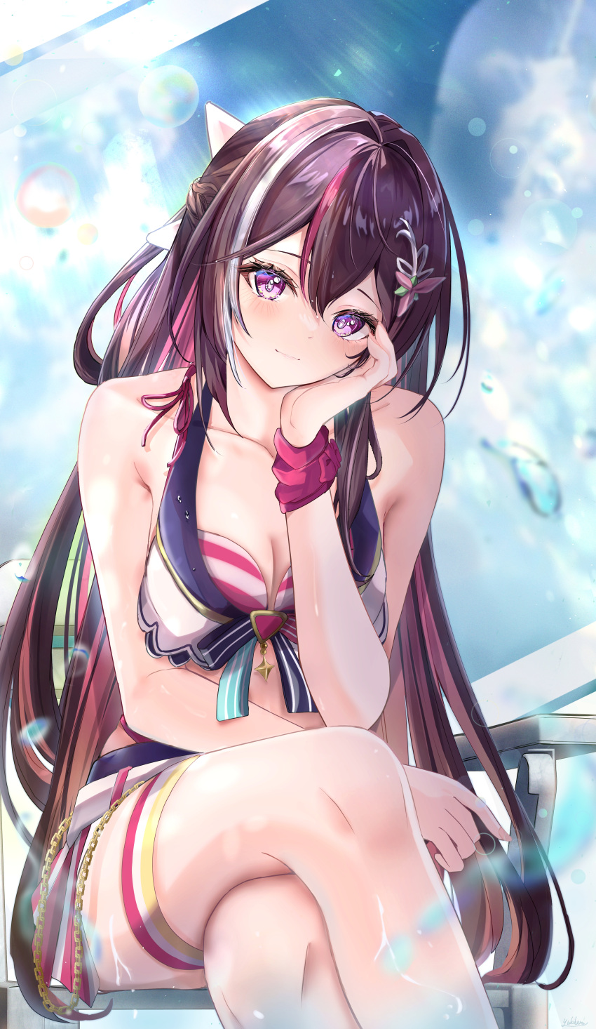 1girl absurdres azki_(hololive) bare_shoulders black_hair blush breasts cleavage closed_mouth collarbone colored_inner_hair commentary_request hair_between_eyes hair_ornament highres hololive hololive_summer_2023_swimsuit long_hair looking_at_viewer medium_breasts multicolored_hair pink_hair purple_eyes smile solo streaked_hair swimsuit thighs virtual_youtuber white_hair yuki_haru