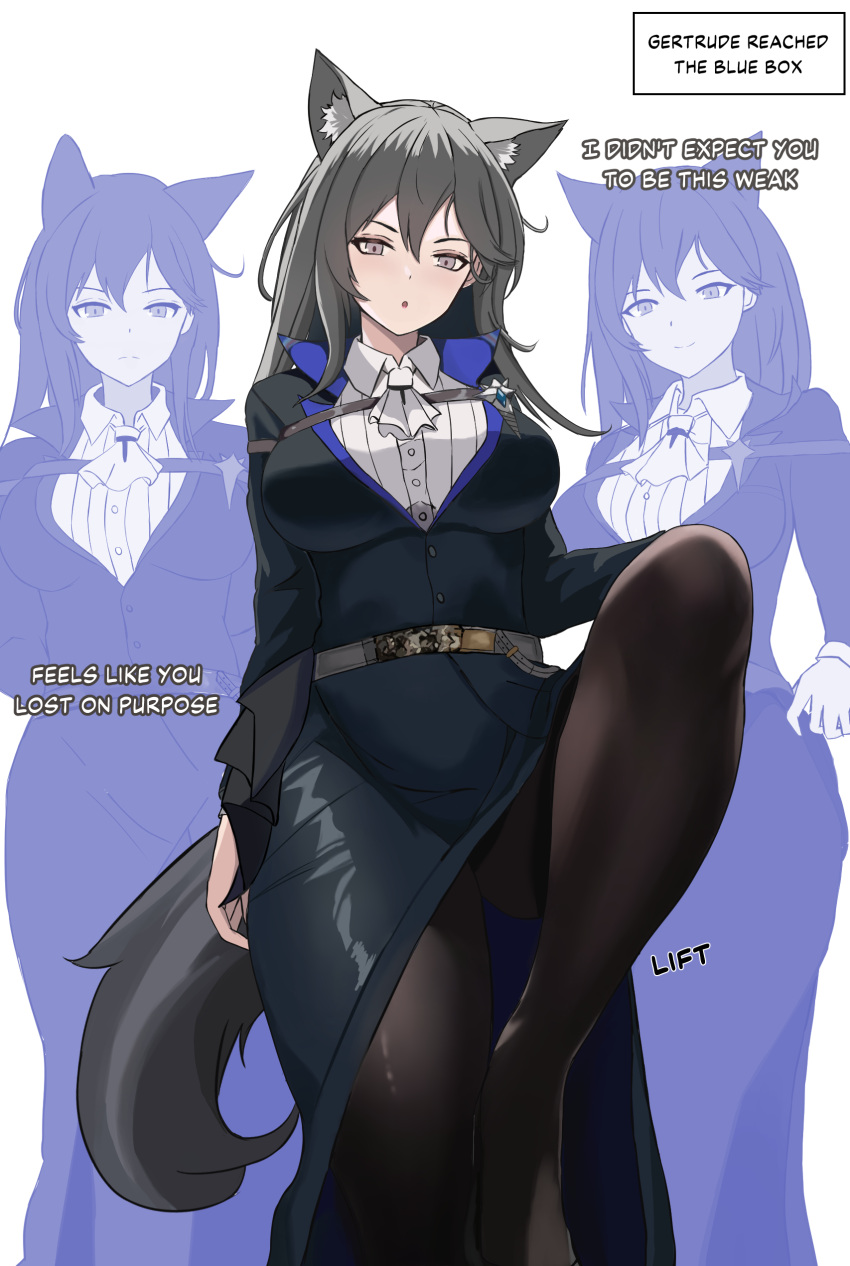 1girl absurdres animal_ear_fluff animal_ears arknights ascot belt black_dress black_hair black_pantyhose clone collared_shirt commentary commission dress english_commentary english_text gertrude_strollo_(arknights) grey_eyes highres leg_up long_hair long_sleeves looking_at_viewer looking_down myown pantyhose shirt tail white_ascot white_shirt wolf_ears wolf_girl wolf_tail