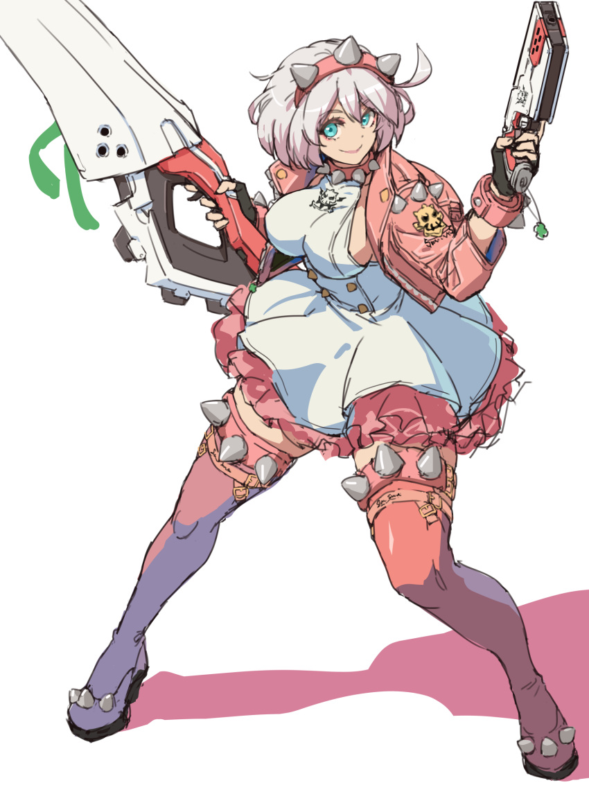 1girl absurdres ahoge aqua_eyes black_gloves boots bracelet breasts clover collar dress elphelt_valentine four-leaf_clover frilled_dress frills full_body gloves guilty_gear guilty_gear_strive gun hairband highres holding holding_gun holding_weapon huge_ahoge iguchi_(strawmat) jacket jewelry large_breasts long_sleeves looking_at_viewer pink_dress pink_footwear pink_jacket short_hair sideboob smile spiked_bracelet spiked_collar spiked_hairband spikes standing thigh_boots weapon white_dress white_hair