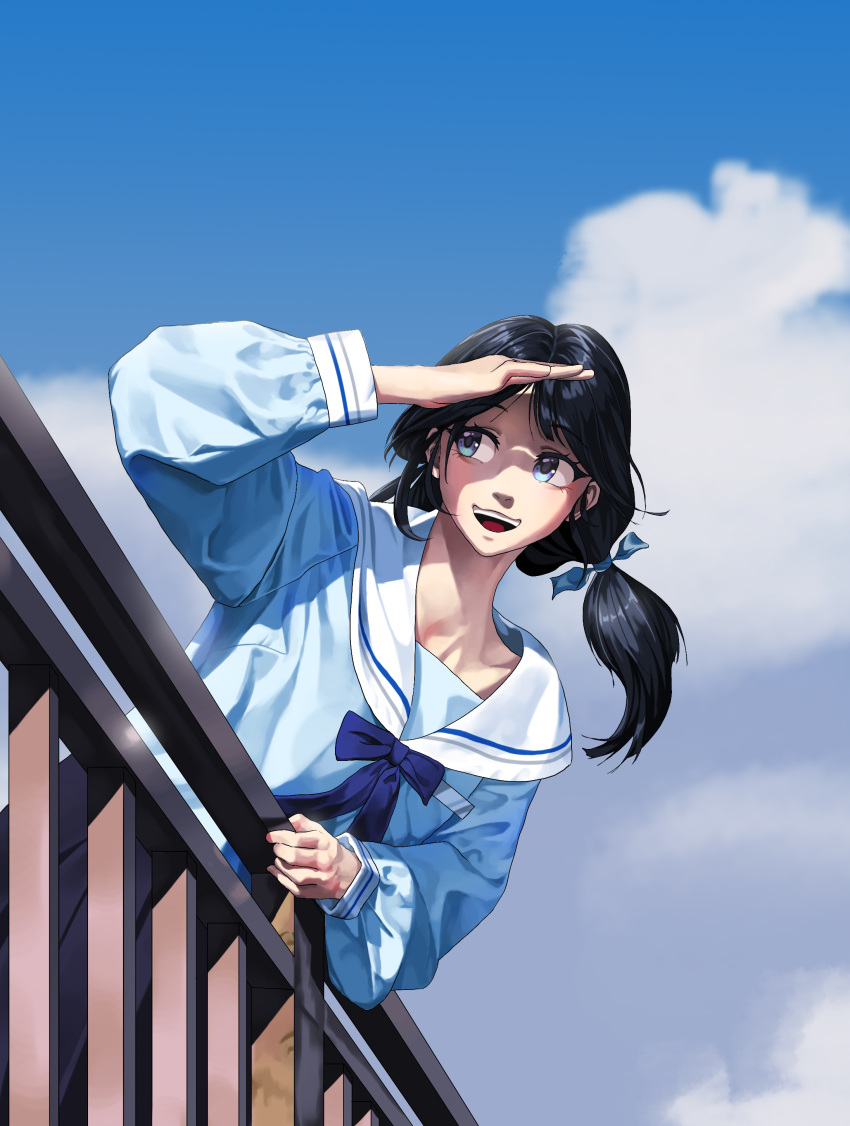 1girl absurdres against_railing alfie_(artist) arm_up black_hair black_skirt blue_eyes blue_shirt bow bowtie cloud day highres long_sleeves looking_to_the_side low_twintails open_mouth original outdoors photo-referenced railing sailor_collar school_uniform serafuku shading_eyes shadow shirt skirt smile solo teeth twintails upper_teeth_only