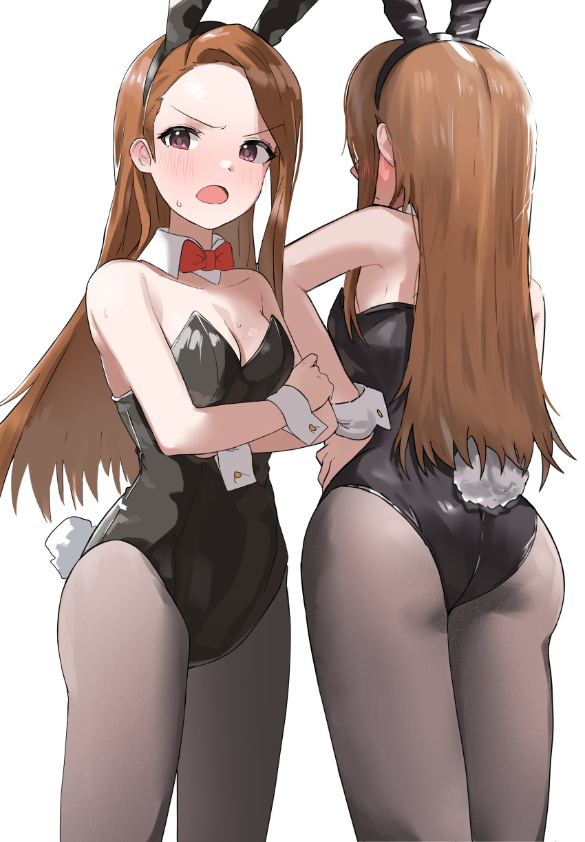 1girl absurdres animal_ears ass black_leotard black_pantyhose blush bow bowtie breasts brown_hair cleavage collarbone crossed_arms detached_collar fake_animal_ears fake_tail forehead highres idolmaster idolmaster_(classic) idolmaster_million_live! leotard long_hair looking_at_viewer medium_breasts minase_iori multiple_views pantyhose pdal_(pdalhhh) playboy_bunny rabbit_ears rabbit_tail red_bow red_bowtie simple_background straight_hair strapless strapless_leotard sweatdrop tail very_long_hair white_background wrist_cuffs