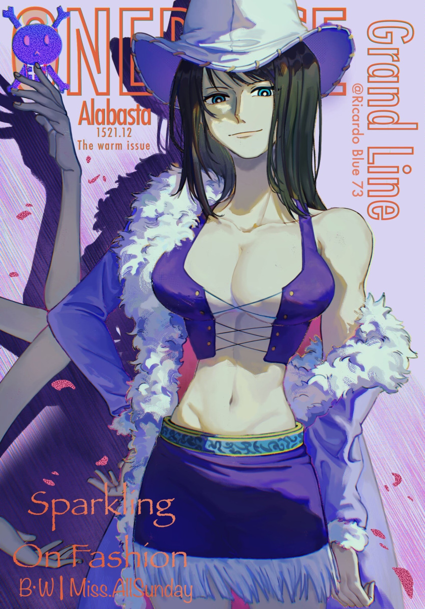 1girl black_hair blue_eyes breasts coat cover cowboy_hat crop_top cross-laced_clothes fake_magazine_cover fur-trimmed_coat fur-trimmed_sleeves fur_trim hand_on_own_hip hat highres looking_at_viewer magazine_cover medium_hair miniskirt multiple_hands nico_robin one_piece partially_undressed shade skirt smile solo white_coat white_headwear yoki