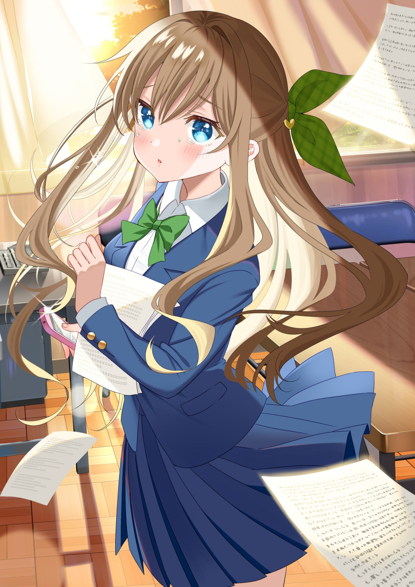 1girl absurdres blue_eyes blue_jacket blue_skirt blush bow bowtie brown_hair chair collared_shirt curtains desk green_bow green_bowtie green_ribbon highres holding holding_phone jacket long_hair original paper phone piyopoyo pleated_skirt ribbon shadow shirt sidelocks skirt solo tears white_shirt window