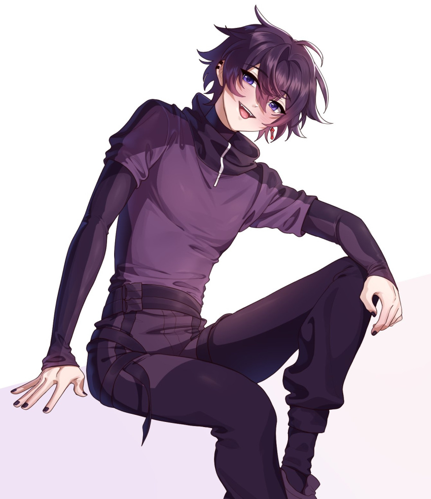 1boy annidrw black_bodysuit black_hair black_nails black_pants black_shirt black_sleeves bodysuit earrings fangs hair_between_eyes highres indie_virtual_youtuber jewelry long_sleeves looking_at_viewer male_focus open_mouth pants purple_eyes purple_hair shirt short_hair shoto_(vtuber) smile solo tongue tongue_out turtleneck virtual_youtuber white_background