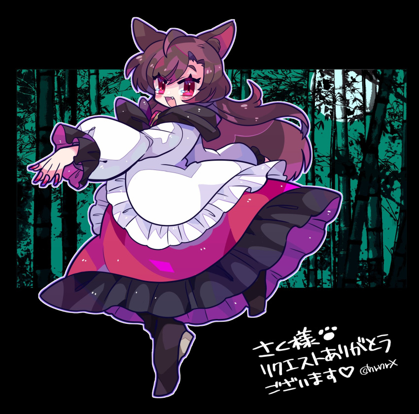 1girl animal_ears bamboo blush brown_hair commission dress fang fingernails frilled_dress frills full_body harunori_(hrnrx) highres imaizumi_kagerou layered_dress long_fingernails long_hair long_sleeves nail_polish open_mouth red_dress red_eyes red_nails sharp_fingernails skeb_commission smile solo touhou white_dress wolf_ears