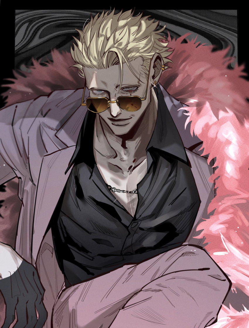 1boy black_shirt blonde_hair blood blood_from_eyes collarbone donquixote_doflamingo earrings eyelashes feather_boa glint grey_eyes grey_jacket grey_pants highres jacket jewelry looking_at_viewer looking_over_eyewear male_focus one_piece pants pectoral_cleavage pectorals shirt sitting solo zkc_fes