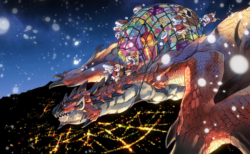 box city fake_facial_hair fake_mustache felyne flying fuse_ryuuta gift gift_box hat highres horns monster_hunter_(series) moon net no_humans rathalos riding santa_costume santa_hat sharp_teeth snowing spines teeth wings