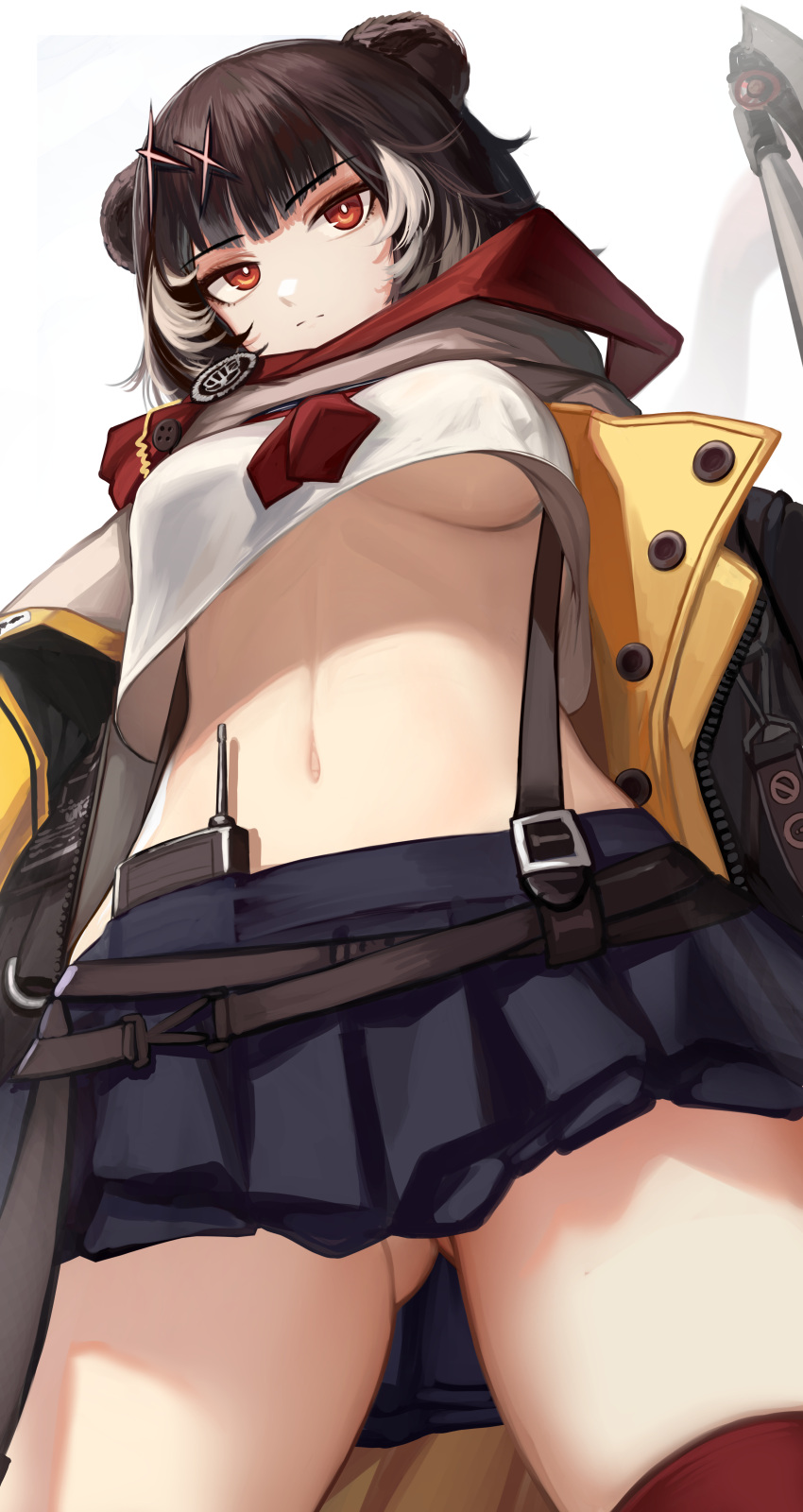 1girl absurdres animal_ears arknights ass_visible_through_thighs bardiche_(weapon) bear_ears belt black_belt black_hair blue_skirt breasts commentary_request cowboy_shot crop_top from_below highres leto_(arknights) midriff miniskirt navel nopetroto pleated_skirt polearm red_eyes red_scarf revision scarf shirt short_hair skindentation skirt solo standing stomach thighs underboob weapon white_shirt