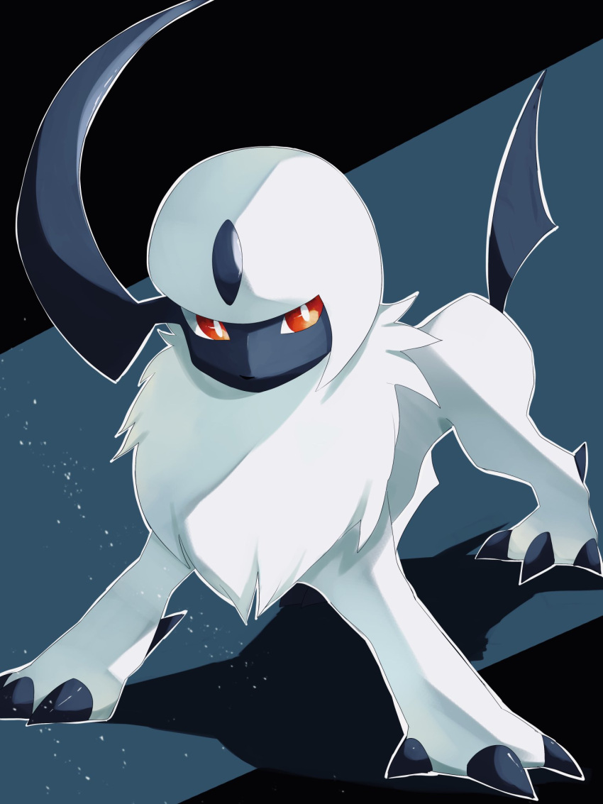 absol animal_focus black_background blue_background claws forehead_jewel highres horns kou11021301 mane no_humans pokemon pokemon_(creature) red_eyes single_horn solo tail two-tone_background white_fur