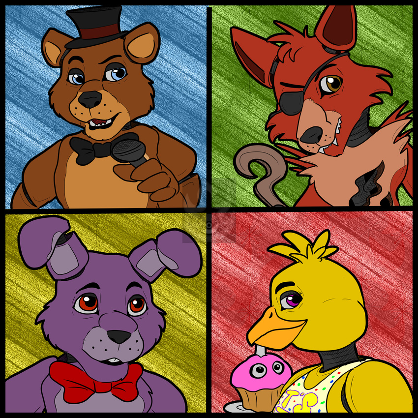 2017 animatronic avian bear bird bonnie_(fnaf) canine chica_(fnaf) chicken cupcake_(fnaf) eye_patch eyewear five_nights_at_freddy's fox foxy_(fnaf) freddy_(fnaf) hat hook lagomorph machine mammal rabbit robot stormblaze-pegasus top_hat video_games