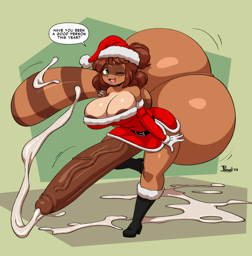2023 4_fingers anthro areola areola_slip balls big_balls big_breasts big_penis black_boots black_clothing black_footwear bodily_fluids boots breasts brown_hair canid canine christmas christmas_clothing christmas_headwear clothed clothing cum dialogue english_text eyelashes facial_markings fingers footwear genital_fluids genitals gloves gynomorph hair handwear hat head_markings headgear headwear hi_res holidays huge_balls huge_penis humanoid_genitalia humanoid_penis hyper hyper_balls hyper_genitalia hyper_penis intersex joaoppereiraus looking_at_viewer mammal markings mask_(marking) on_one_leg one_eye_closed open_mouth open_smile penis raccoon_dog red_clothing santa_hat signature simple_background smile solo speech_bubble standing tail talking_to_viewer tanuki tasha_(joaoppereiraus) teal_eyes text tongue vein veiny_penis white_clothing white_gloves white_handwear wink winking_at_viewer yellow_sclera