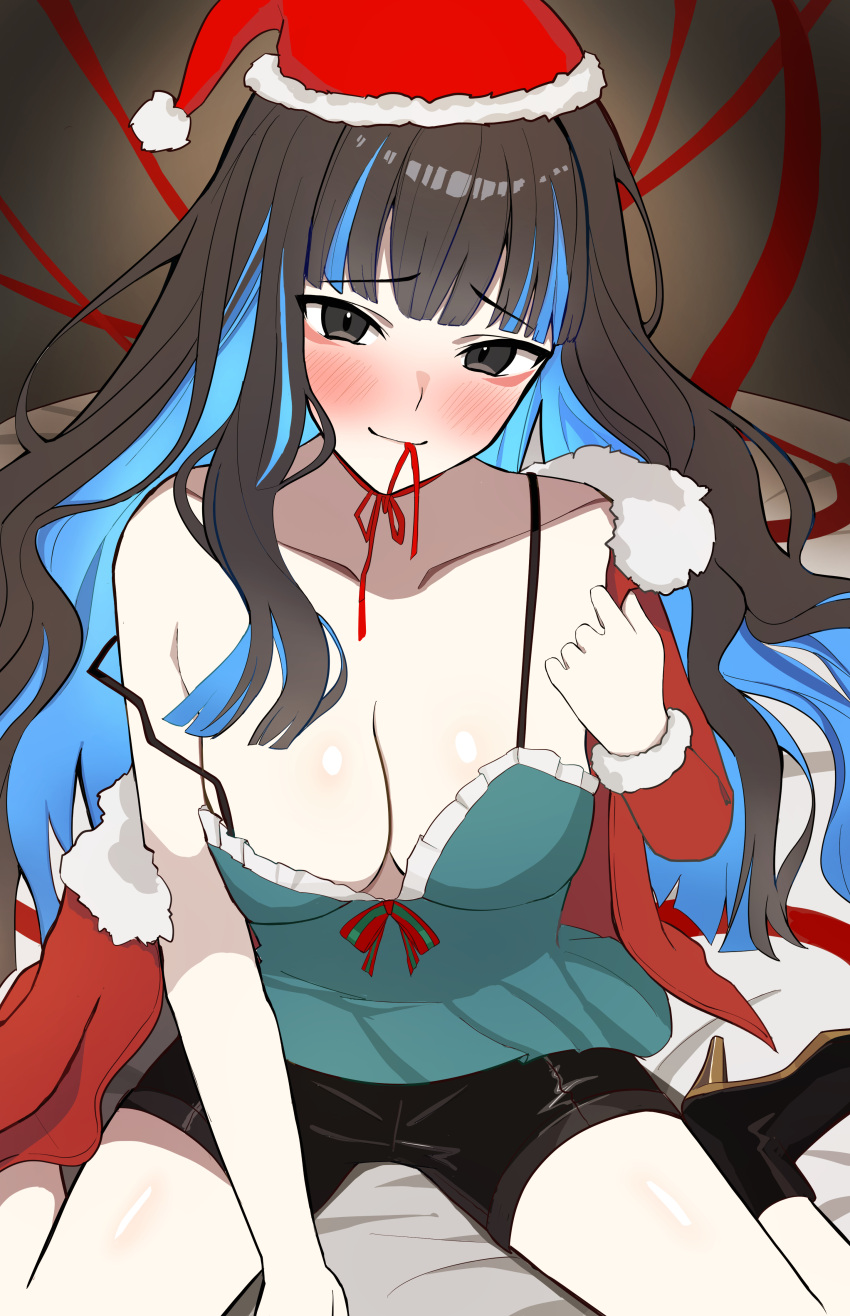 1girl absurdres bare_shoulders black_hair black_shorts blue_hair blush breasts camisole cleavage collarbone colored_inner_hair fate/grand_order fate_(series) green_camisole grey_eyes hat highres jacket long_hair long_sleeves looking_at_viewer medium_breasts multicolored_hair off_shoulder red_jacket santa_hat shorts sidelocks sitting solo tenochtitlan_(fate) thighs uriuriyukitti wariza