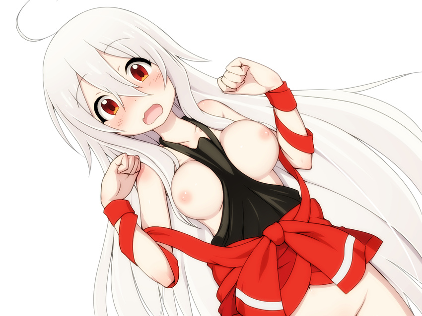 ahoge arm_ribbon black_shirt blush breasts chiya_(urara_meirochou) highres large_breasts long_hair looking_at_viewer nipples no_bra no_panties open_mouth out-of-frame_censoring red_eyes red_ribbon red_skirt ribbon sash shirt silver_hair simple_background skirt skirt_lift solo takeda_yukimura urara_meirochou white_background