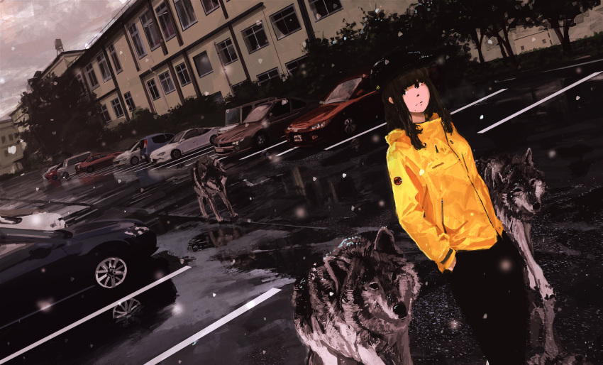 1girl black_hair black_headwear building car commentary dutch_angle hand_in_pocket highres jacket long_hair long_sleeves motor_vehicle original orval outdoors parking_lot reflective_floor scenery sidelocks snowing solo wet_floor white_jacket wolf