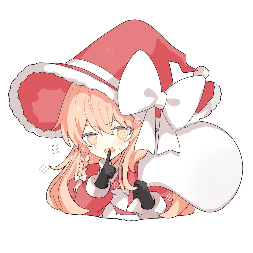 1girl adapted_costume black_gloves blonde_hair bow christmas finger_to_mouth gloves hat highres holding holding_sack jacket kirisame_marisa large_bow long_hair red_headwear red_jacket sack santa_costume shirocha_tei shushing solo touhou white_background white_bow witch_hat yellow_eyes