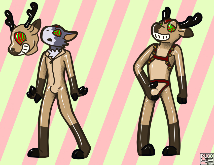 2_fingers anthro bandai_namco bulge christmas clothing deer digimon digimon_(species) dorugamon fingers harness hi_res holidays hypnosis immelmann latex male mammal mind_control new_world_deer reindeer solo suit suiting x-digimon
