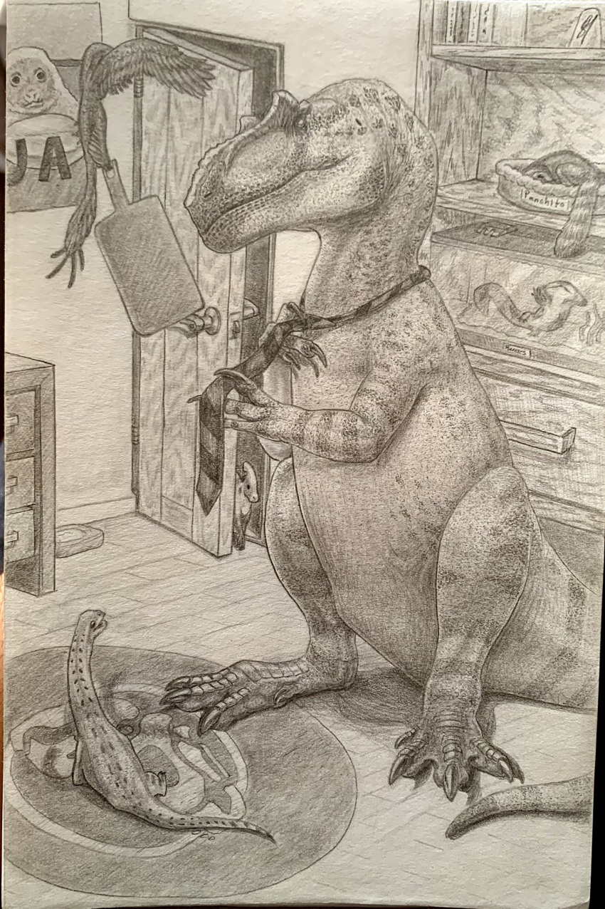 allosaurid allosaurus ambiguous_gender amphibian bedroom book bookshelf carpet claws dino_man06 dinosaur dresser feathered_dinosaur feathers feral furniture group hadrosaurid head_crest hi_res mirror monochrome necktie ornithischian pet_bed poster reptile sauropod scales scalie sinosauropteryx sitting terrarium theropod vivarium