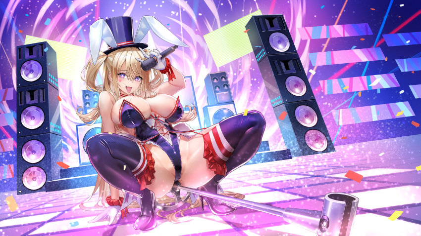 1girl absurdres animal_ears azur_lane blonde_hair blue_footwear blue_headwear blue_leotard boots breasts fake_animal_ears full_body gloves guam_(azur_lane) guam_(stage-setting_charmer)_(azur_lane) hat high_heel_boots high_heels highleg highleg_leotard highres holding holding_microphone iitsumonemu large_breasts leotard long_hair looking_at_viewer microphone official_alternate_costume playboy_bunny purple_eyes rabbit_ears sideboob smile solo speaker squatting thigh_boots thighs tongue tongue_out top_hat white_gloves