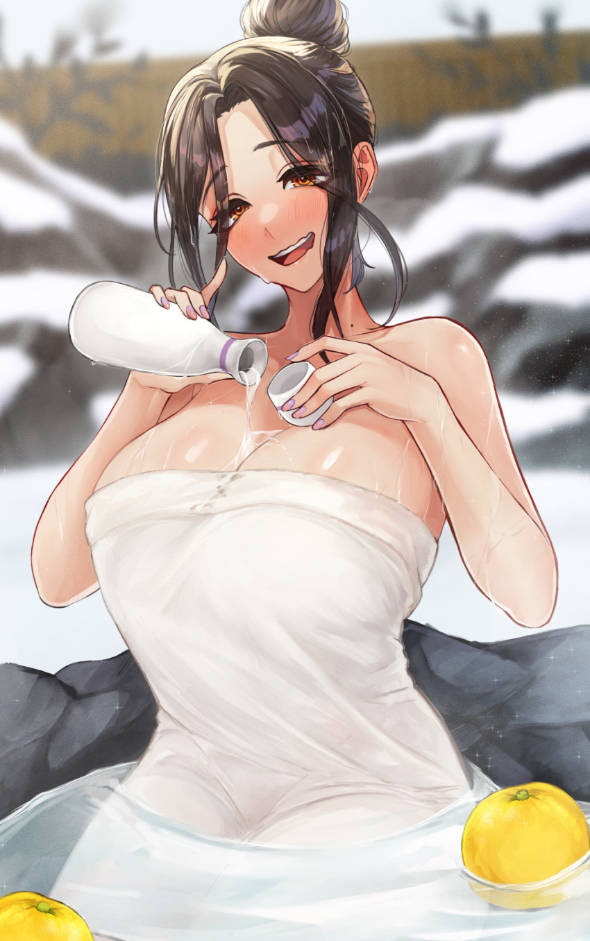 1girl alcohol bare_shoulders bath bathing blush bottle breasts brown_hair bust_cup cleavage collarbone covering_privates cup hair_over_one_eye highres holding large_breasts long_hair looking_at_viewer mole mole_on_neck naked_towel nekotokage nijisanji nude_cover onsen open_mouth orange_eyes partially_submerged pouring pouring_onto_self rock sake sake_bottle shirayuki_tomoe sitting smile solo towel virtual_youtuber water wet wet_towel white_towel