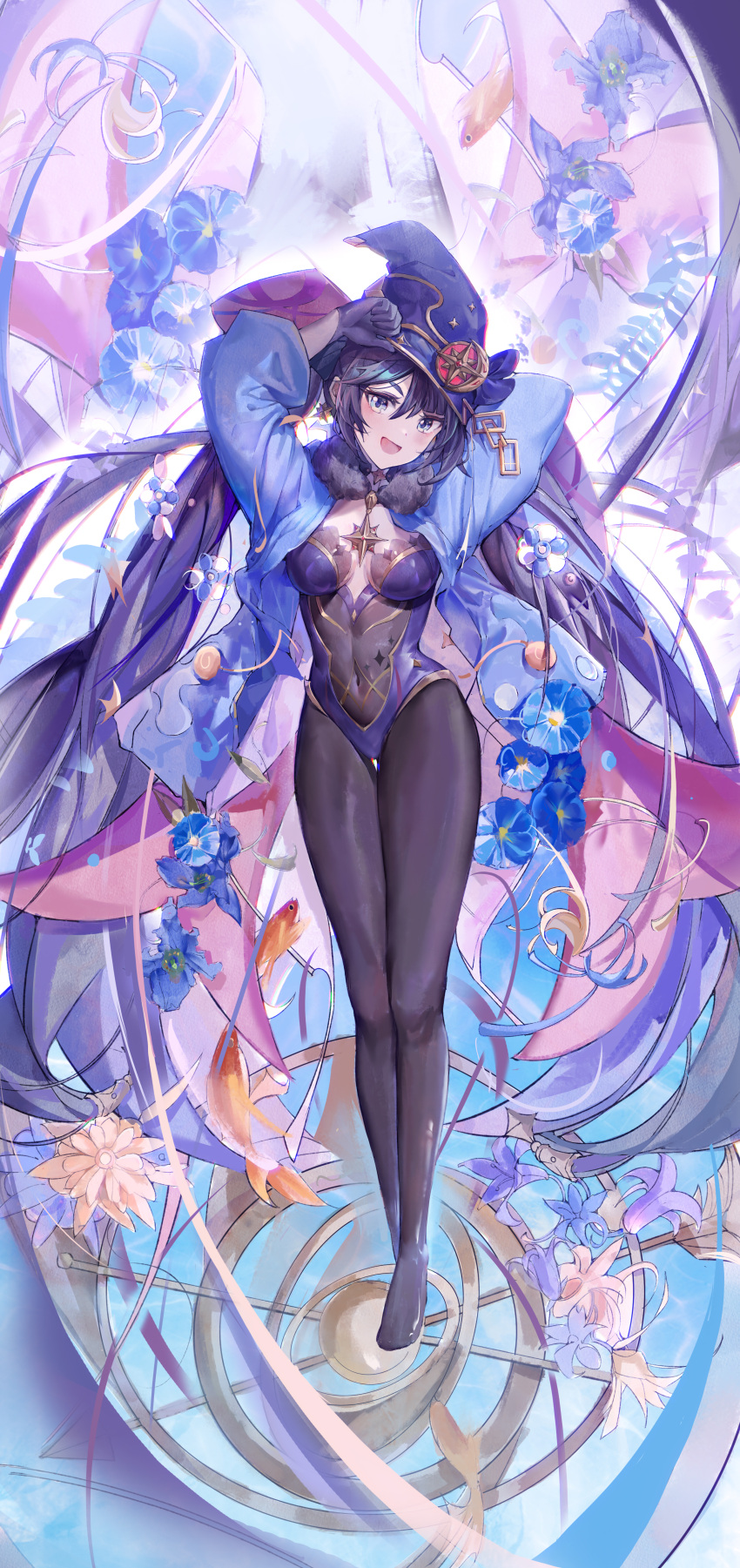 1girl :d absurdres black_bodysuit black_hair blue_coat blue_eyes blue_headwear blue_leotard bodysuit breasts chromatic_aberration cleavage coat floating_hair full_body genshin_impact hair_between_eyes hat highres leotard long_hair long_sleeves looking_at_viewer medium_breasts mona_(genshin_impact) open_clothes open_coat smile solo soukl.m thigh_gap twintails very_long_hair witch_hat