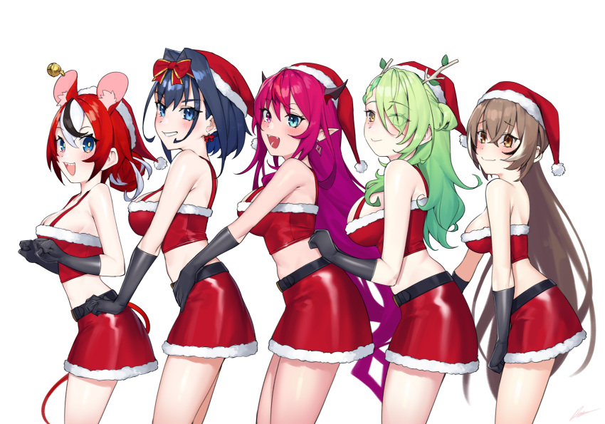 4girls absurdres alternate_costume animal_ears aqua_hair bare_shoulders black_gloves black_hair black_horns blue_eyes blue_hair breasts brown_eyes brown_hair ceres_fauna closed_mouth crop_top dasdokter demon_horns english_commentary from_side gloves gradient_hair green_eyes green_hair grin hair_between_eyes hair_branch hakos_baelz hand_on_another's_waist hat highres holocouncil hololive hololive_english horns irys_(hololive) large_breasts looking_at_viewer medium_breasts midriff_peek mouse_ears mouse_girl mouse_tail multicolored_hair multiple_girls nanashi_mumei open_mouth ouro_kronii pink_hair pointy_ears purple_hair red_hair red_headwear red_skirt santa_costume santa_hat sharp_teeth simple_background skirt sleeveless smile streaked_hair tail teeth virtual_youtuber white_background white_hair