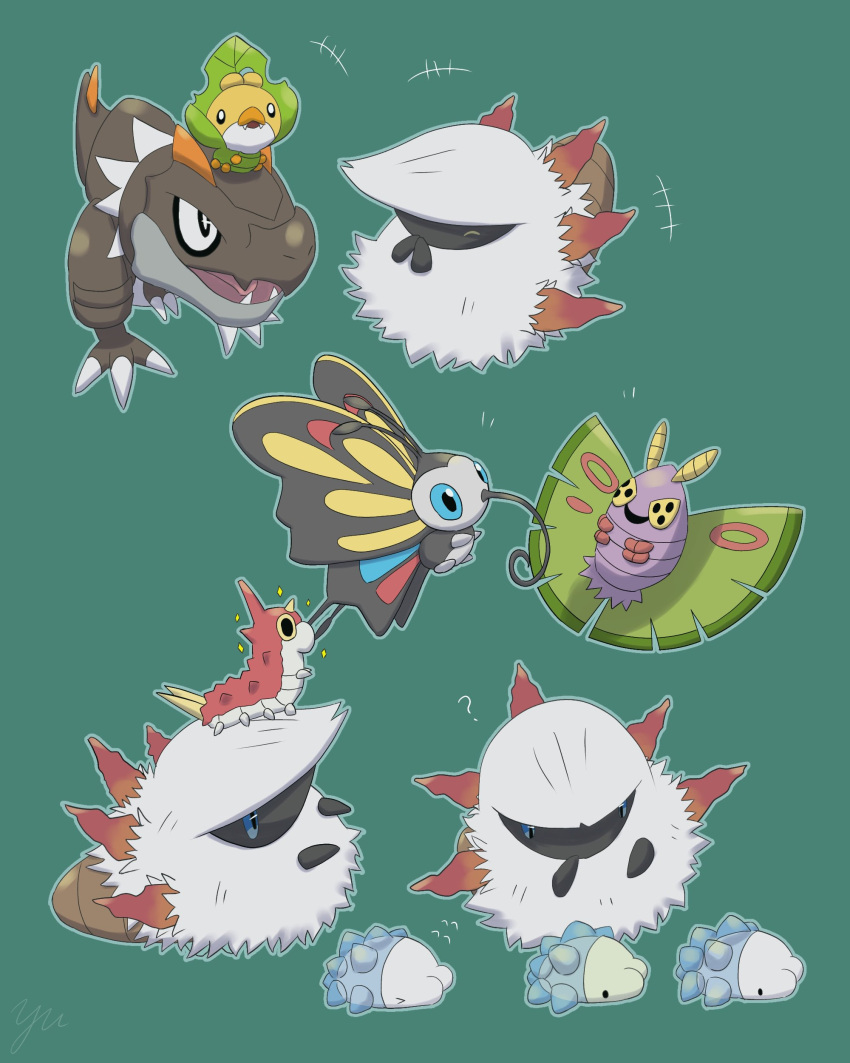 +++ absurdres animal_focus beautifly blue_eyes bug butterfly claws closed_eyes commentary_request dustox fangs green_background highres larvesta no_humans open_mouth pokemon pokemon_(creature) sewaddle simple_background snom solid_oval_eyes tyrunt wurmple yellow_eyes yu_(pocketsun636)