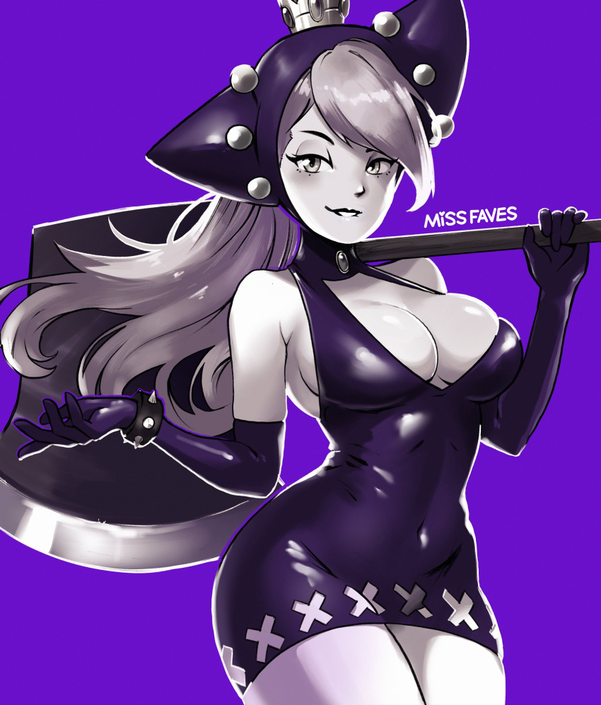 1girl artist_name axe biting_own_lip blonde_hair bracelet breasts cleavage commentary covered_navel cowboy_shot crown elbow_gloves eyelashes gloves halterneck highres holding holding_axe jewelry large_breasts long_hair looking_at_viewer mario_(series) mario_power_tennis mario_tennis missfaves plunging_neckline purple_background purple_gloves purple_headwear purple_lips simple_background skin_tight solo spiked_bracelet spikes warupeach