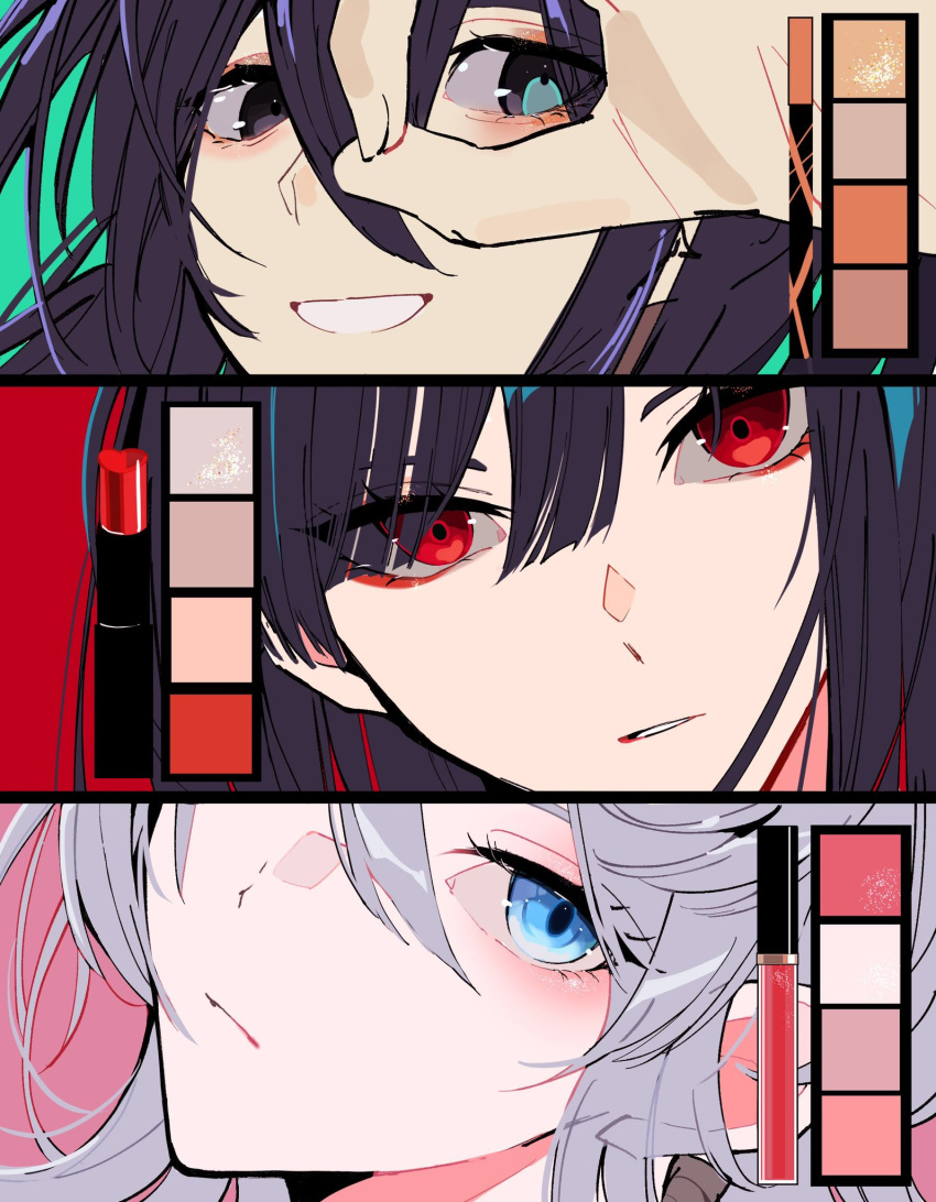 1boy 2girls aqua_eyes black_hair close-up closed_mouth faust_(project_moon) highres hong_lu_(project_moon) limbus_company looking_at_viewer makeup multiple_girls parted_lips project_moon red_eyes ryoshu_(project_moon) short_hair smile white_hair yakumineg1