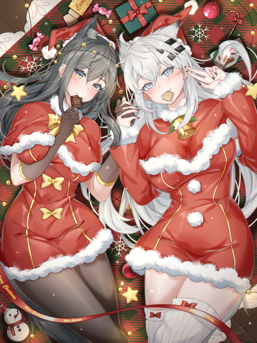 2girls absurdres ahoge animal_ear_fluff animal_ears arknights arm_between_breasts artist_name bell between_breasts black_gloves black_hair black_nails black_pantyhose blue_eyes blush bow bow_legwear box breasts breasts_apart candy candy_cane candy_wrapper capelet carpet chocolate christmas christmas_lights christmas_ornaments christmas_present closed_mouth commentary container cookie cowboy_shot double-parted_bangs dress dress_bow embarrassed english_commentary english_text extra_ears eyelashes film_grain fingernails floor food food_in_mouth from_above fur-trimmed_capelet fur-trimmed_dress fur-trimmed_headwear fur-trimmed_sleeves fur_trim gift gift_box gift_wrapping gloves grey_eyes grey_hair groin_outline hair_between_eyes hair_ornament hair_spread_out hairclip hands_up hat hatching_(texture) highres holding_hands indoors jingle_bell lappland_(arknights) large_breasts legs_together light_particles linear_hatching lips long_fingernails long_hair long_sleeves looking_at_viewer lying merry_christmas messy_hair mouth_hold multicolored_eyes multiple_girls nail_polish nanaya_journey neck_bell neck_ribbon on_back on_floor outline over-kneehighs palms pantyhose pom_pom_(clothes) red_bow red_capelet red_dress red_headwear red_ribbon ribbed_socks ribbon santa_costume santa_hat scar scar_across_eye scar_on_face see-through see-through_gloves shadow shiny_skin short_dress sidelocks signature smile snowflakes snowman socks star_(symbol) straight_hair string_of_light_bulbs texas_(arknights) thighhighs thighs two-tone_eyes v variant_set very_long_hair white_outline white_socks wolf_ears wolf_girl wooden_floor yellow_bow yellow_eyes yellow_ribbon