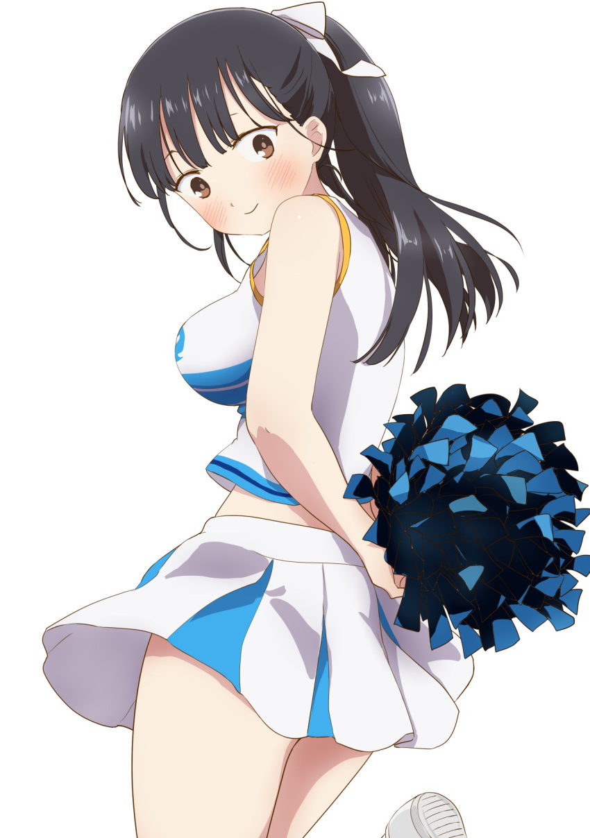 1girl black_hair blue_shirt blue_skirt boku_no_kokoro_no_yabai_yatsu brown_eyes cheerleader closed_mouth foot_up hair_ribbon highres holding holding_pom_poms komatsu_(sakanae) long_hair midriff pom_pom_(cheerleading) ponytail ribbon shirt simple_background skirt sleeveless sleeveless_shirt smile solo two-tone_shirt two-tone_skirt white_background white_shirt white_skirt yamada_anna