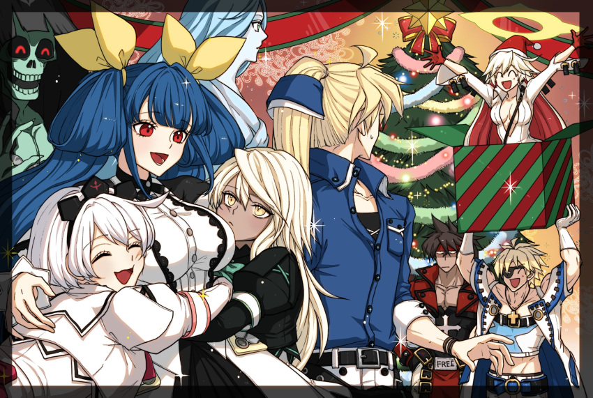 4boys 5girls ahoge blonde_hair blue_eyes blue_hair blunt_ends blush box breasts brown_hair christmas christmas_ornaments christmas_tree collared_shirt colored_inner_hair compass_rose_halo dark-skinned_female dark_skin dizzy_(guilty_gear) ebi_pri_shrimp elphelt_valentine father-in-law_and_son-in-law father_and_son forehead_protector front_slit gift gift_box gloves grandfather_and_grandson guilty_gear guilty_gear_xrd hair_between_eyes hair_ribbon hair_rings hairband halo hat highres huge_ahoge husband_and_wife jack-o'_valentine ky_kiske large_breasts long_hair long_sleeves mother_and_son multicolored_hair multiple_boys multiple_girls muscular muscular_male necro_(guilty_gear) open_mouth plunging_neckline ramlethal_valentine red_eyes red_gloves red_hair red_headwear ribbon santa_hat shirt short_hair sin_kiske smile sol_badguy spiked_hair spiked_hairband spikes tail tail_ornament tail_ribbon two-tone_hair undine_(guilty_gear) very_long_hair white_hair white_shirt yellow_eyes yellow_ribbon