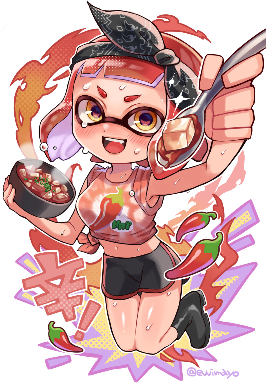 1girl :d black_footwear black_hairband black_shorts bowl breasts chili_pepper commentary_request crop_top food full_body hairband highres holding holding_bowl holding_spoon inkling inkling_girl mapo_tofu midriff navel open_mouth print_shirt shina_shina shirt shoes short_hair short_shorts shorts sleeveless sleeveless_shirt smile solo sparkle splatoon_(series) splatoon_3 spoon sweat teeth tentacle_hair upper_teeth_only white_background yellow_eyes