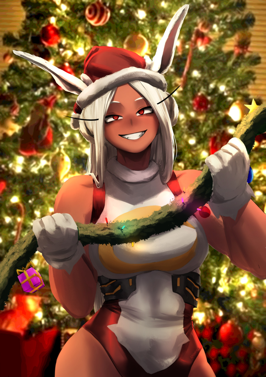 1girl amano44 animal_ears bare_shoulders blurry blurry_background boku_no_hero_academia box breasts christmas christmas_lights christmas_ornaments christmas_tree dark-skinned_female dark_skin ears_through_headwear fur-trimmed_headwear fur_trim gift gift_box gloves grin hat highres holding large_breasts leotard long_eyelashes long_hair looking_at_viewer mirko parted_bangs rabbit_ears rabbit_girl red_eyes red_headwear santa_hat sleeveless_turtleneck_leotard smile solo taut_leotard teeth toned upper_body white_gloves white_hair white_leotard