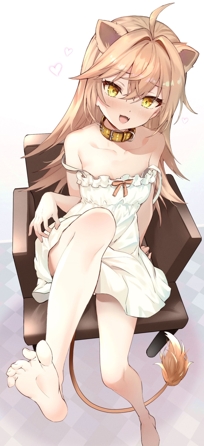 1girl absurdres ahoge animal_ears bare_shoulders barefoot blonde_hair blush checkered_floor collarbone commentary double_strap_slip dress fang from_above full_body hair_intakes highres indie_virtual_youtuber knee_up lion_ears lion_girl lion_tail long_hair looking_at_viewer off_shoulder on_chair open_mouth pukara rurudo_lion rurudo_lion_(1st_costume) sitting skin_fang smile solo sundress tail thighs virtual_youtuber white_background white_dress yellow_collar yellow_eyes