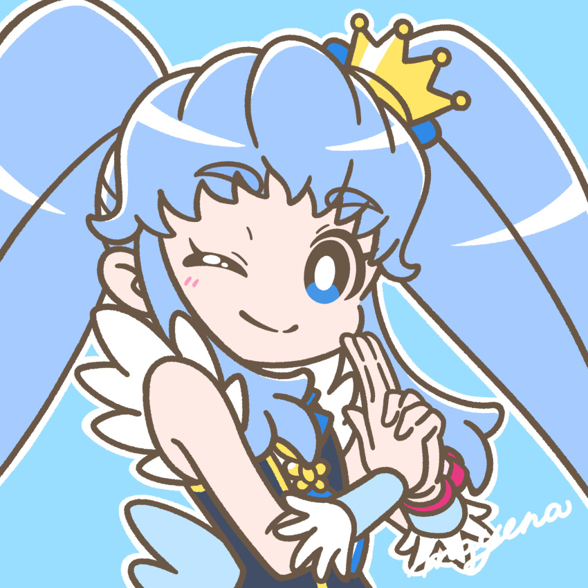 1girl ;) blue_background blue_eyes blue_hair blush bright_pupils closed_mouth crown cure_princess happinesscharge_precure! highres jewelry kuji-in long_hair looking_at_viewer low_wings magical_girl mayena mini_crown one_eye_closed outline precure shirayuki_hime sidelocks signature simple_background sleeveless smile solo twintails upper_body white_outline white_pupils wings wrist_cuffs