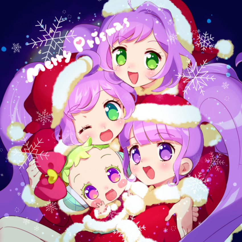 4girls :d ;d ahoge baby blue_background blunt_bangs blush bow christmas commentary_request family green_eyes green_hair hair_bow hat highres hug jewlie_(pripara) long_hair looking_at_viewer manaka_himeka manaka_laala manaka_non merry_christmas mother_and_daughter multiple_girls ndo2 one_eye_closed open_mouth pink_bow pretty_series pripara purple_eyes purple_hair red_headwear santa_costume santa_hat short_hair siblings side_ponytail sisters smile snowflakes twintails upper_body very_long_hair