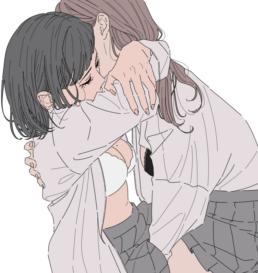 2girls arms_around_neck black_bra black_hair bra breasts brown_hair cleavage closed_eyes commentary_request dress_shirt grey_skirt hair_behind_ear highres hug implied_fingering kamatama_rom lace-trimmed_bra lace_trim large_breasts long_hair long_sleeves mole mole_on_breast mole_under_eye multiple_girls open_clothes open_shirt original pleated_skirt school_uniform shirt simple_background skirt underwear white_background white_bra white_shirt yuri