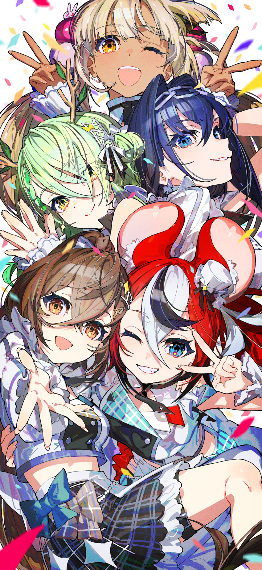 5girls :d absurdres animal_ears black_hair blonde_hair blue_eyes blue_hair brown_eyes brown_hair ceres_fauna commentary_request confetti dark-skinned_female dark_skin double_v green_hair grin hakos_baelz hand_on_another's_back highres holocouncil hololive hololive_english hololive_idol_uniform_(bright) looking_at_viewer mika_pikazo mouse_ears multicolored_hair multiple_girls nanashi_mumei official_alternate_costume one_eye_closed orange_eyes ouro_kronii outstretched_hand red_hair smile streaked_hair tsukumo_sana v virtual_youtuber white_background white_hair yellow_eyes