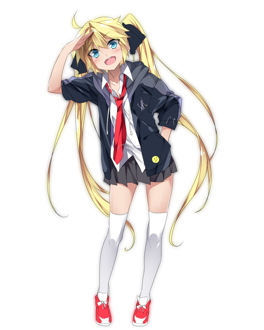 ahoge arm_up badge black_ribbon blonde_hair blue_eyes blush button_badge clothes_pin full_body grey_skirt hair_ribbon hand_in_pocket highres long_hair looking_at_viewer mtu_(orewamuzituda) necktie open_mouth original pleated_skirt red_neckwear ribbon safety_pin shirt shoes simple_background skirt sneakers solo sweater thighhighs twintails very_long_hair white_background white_legwear white_shirt