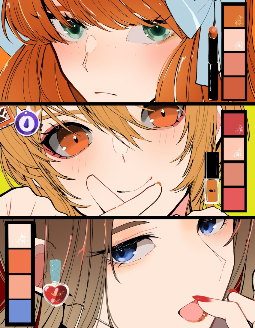 3girls blonde_hair blue_eyes bow brown_hair closed_mouth don_quixote_(project_moon) green_eyes hair_bow highres ishmael_(project_moon) limbus_company lipstick long_hair makeup multiple_girls open_mouth orange_hair project_moon red_nails rodion_(project_moon) short_hair smile sticker very_long_hair white_bow yakumineg1 yellow_eyes