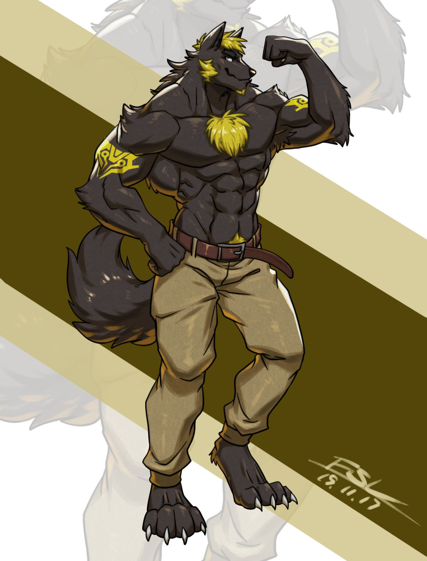 2019 4_toes anthro arm_tattoo barefoot belt biceps black_body black_fur blonde_hair blue_eyes bottomwear brown_bottomwear brown_clothing brown_pants canid canine canis chest_tuft clothed clothing crotch_tuft dated digital_media_(artwork) fansl feet flexing_bicep fluffy fluffy_tail fur hair hand_on_hip hi_res male mammal muscular muscular_anthro muscular_male pants signature smile solo tail tattoo toes topless topless_anthro topless_male tuft unknown_character wolf yellow_body yellow_fur yellow_tattoo