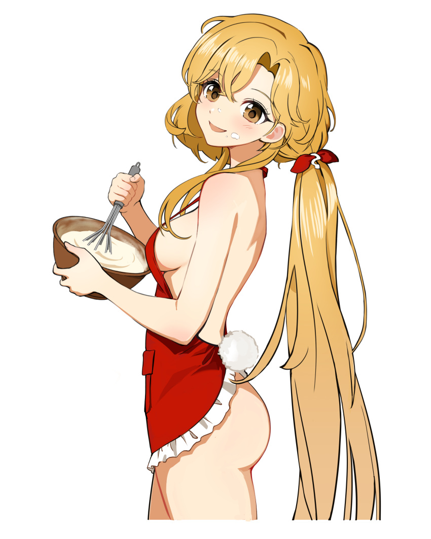 1girl :d absurdres animal_ears apron ass bare_shoulders blonde_hair blush bowl breasts brown_eyes cowboy_shot fake_tail food food_on_face from_side highres holding holding_bowl long_hair looking_at_viewer looking_to_the_side low_ponytail medium_breasts naked_apron open_mouth rabbit_ears red_apron sideboob simple_background smile stirring strap_gap tail very_long_hair volcano_princess wellsy whisk white_background