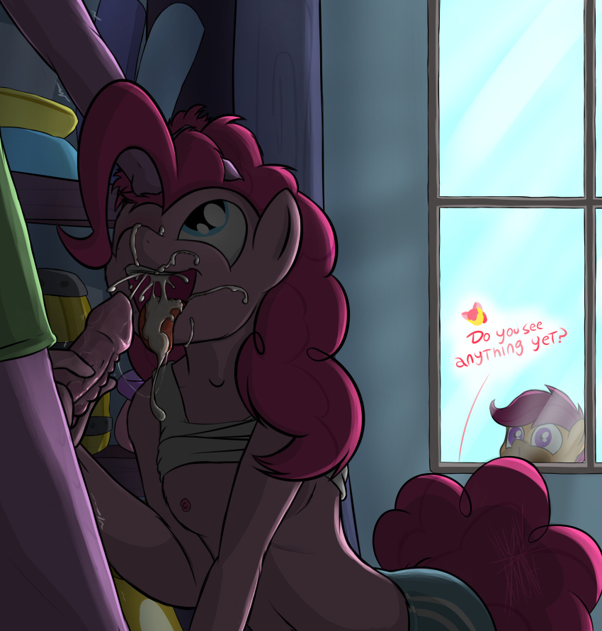absurd_res anonyxnugax anthro apple_bloom_(mlp) bodily_fluids breasts clothed clothing cum cum_in_mouth cum_inside cumshot dialogue dragon earth_pony ejaculation english_text equid equine female friendship_is_magic genital_fluids genitals group hand_on_head hasbro hi_res horse looking_at_another looking_up male male/female mammal my_little_pony nipples offscreen_character one_eye_closed peeping pegasus penis pinkie_pie_(mlp) pony raised_clothing raised_shirt raised_topwear scootaloo_(mlp) shirt spike_(mlp) text topwear trio voyeur wings