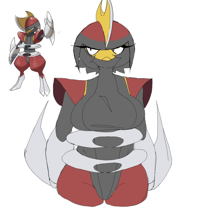 1:1 biped bisharp black_body breasts eyelashes featureless_breasts female frown generation_5_pokemon grey_body hi_res humanoid nintendo pokemon pokemon_(species) red_body rottenarmor simple_background solo white_background