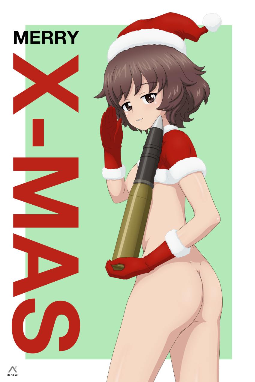 1girl absurdres acrux akiyama_yukari artist_logo ass blush breasts brown_eyes brown_hair capelet christmas commentary cowboy_shot dated english_commentary english_text from_side fur-trimmed_capelet fur_trim girls_und_panzer gloves green_background half-closed_eyes hat highres holding light_smile looking_at_viewer looking_back merry_christmas messy_hair nipples nude parted_lips red_capelet red_gloves red_headwear salute santa_gloves santa_hat short_hair small_breasts solo standing tank_shell