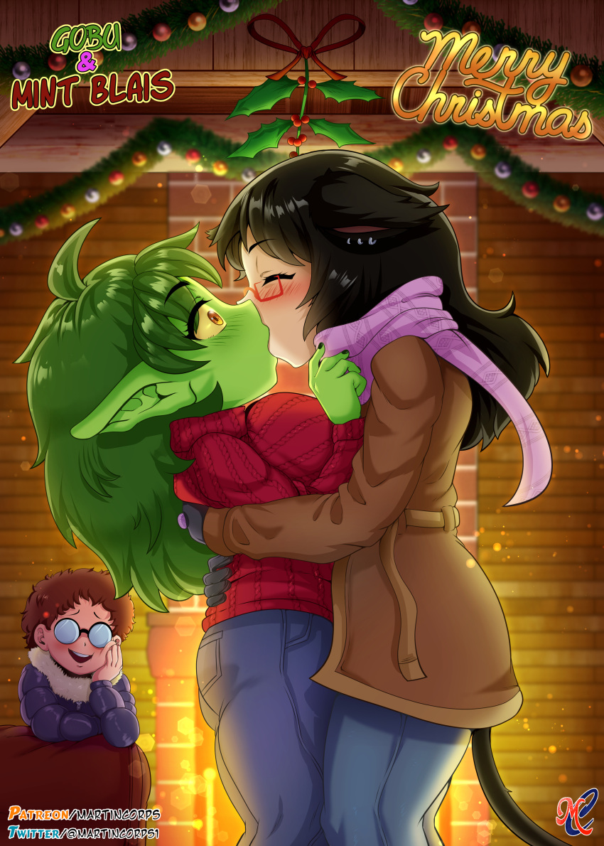 absurd_res biped breasts clothed clothing duo female female/female goblin gobu green_body green_hair green_skin hair hi_res humanoid kissing martincorps not_furry thick_thighs