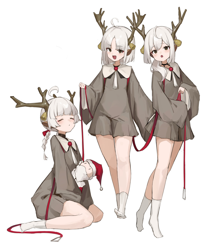 3girls absurdres ahoge animal_ears antlers bell between_legs braid brown_dress character_doll christmas closed_eyes collar collared_dress commentary_request deer_ears deer_girl dress full_body hair_over_shoulder hand_between_legs highres holding holding_leash holding_stuffed_toy leash long_hair long_sleeves looking_at_viewer multiple_girls no_shoes open_mouth original parted_bangs reindeer_antlers shiro_wa_(shiroshironix) simple_background sitting smile socks standing stuffed_toy tiptoes white_background white_hair white_socks wide_sleeves