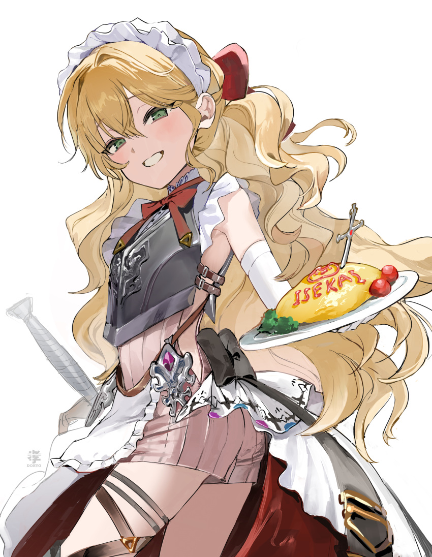 1girl apron armor blonde_hair breastplate dohyo123123 dress elbow_gloves food gloves green_eyes highres holding holding_plate long_hair looking_at_viewer maid maid_headdress omelet omurice original plate red_ribbon ribbon simple_background solo standing sword teeth weapon white_background white_gloves